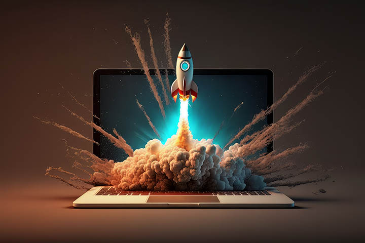 Launching Space Rocket From Laptop Screen. Generative AI Launching Space Rocket From Laptop Screen. Generative AI